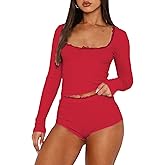 RUEWEY Womens Lace Trim Ribbed Knit Pajama Sets Long Sleeve Top and Shorts Matching 2 Piece Lounge Set PJ Set