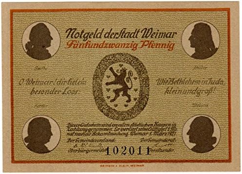 Banknoten 25 Pfennig Notgeld (Emergency money) of the town Weimar, 1921, No. 102011, Schillerhaus (House of Schiller)