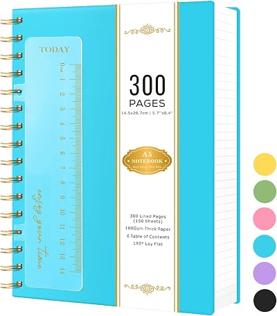 NIRMIRO A5 Spiral Notebook 300 Pages 100gsm Lined Paper PVC Cover Black