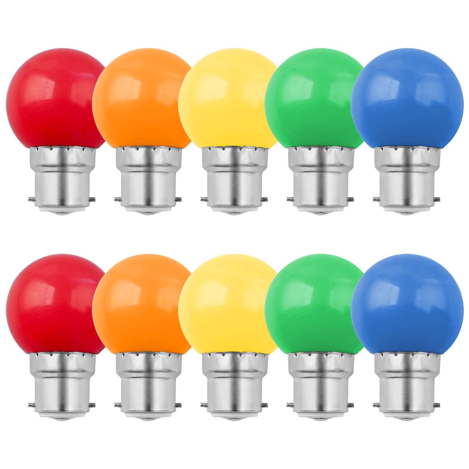 10 Pack B22 Bayonet Coloured LED Bulbs, 1W G45 Colours Bulbs, Golf Ball Bulb, Mixed Colours Red Blue Green Yellow Orange, Atmosphere Decoration for Outdoor Indoor String Wedding, Party, Christmas