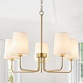 AMZASA Antique Brass Gold Chandelier with Shades, Electroplated Finish, 5 Light Modern Farmhouse Chandeliers with White Fabri