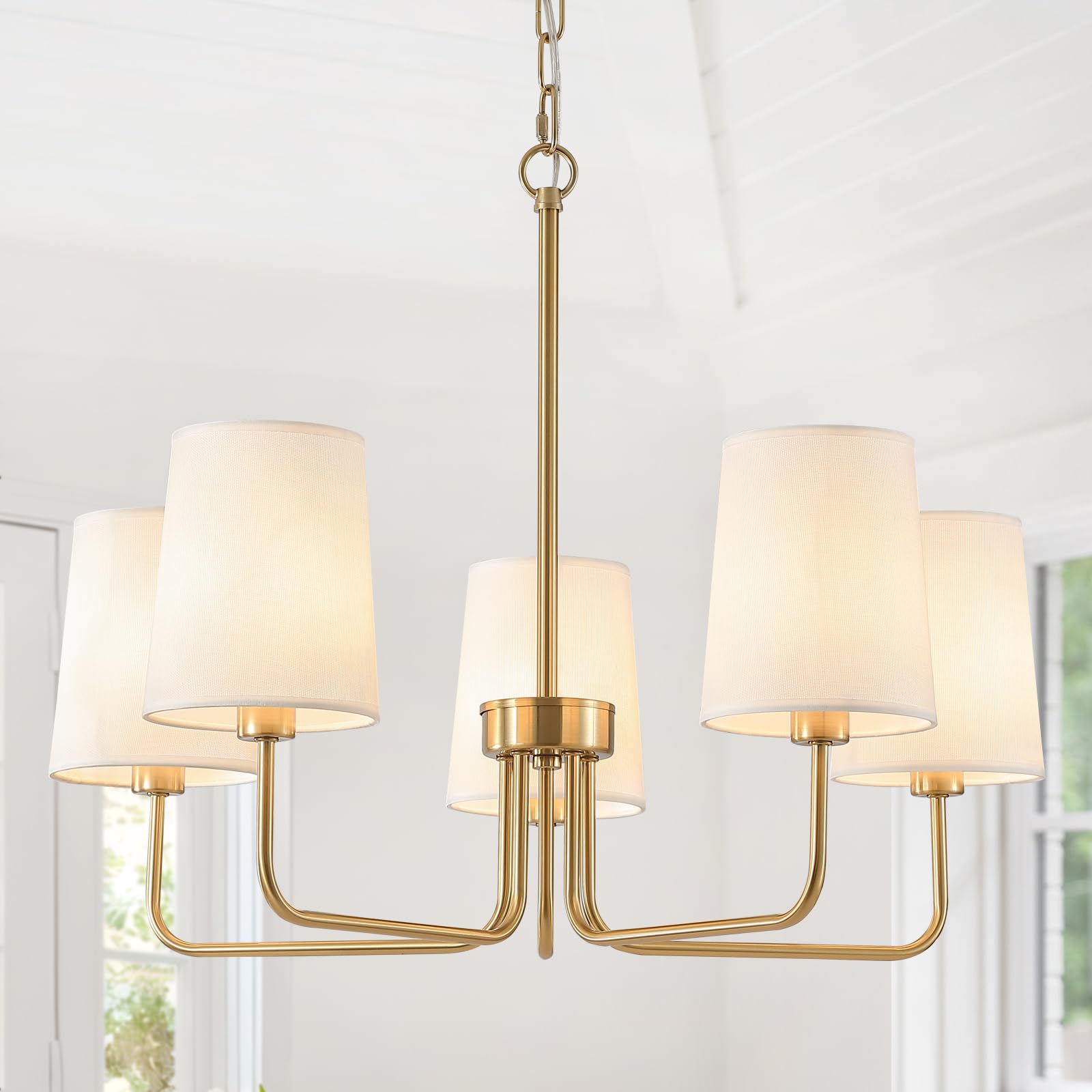 Photo 1 of AMZASA Antique Brass Gold Chandelier with Shades, Electroplated Finish, 5 Light Modern Farmhouse Chandeliers with White Fabric Shade, Linear Island Chandelier Lights for Dining Room,Kitchen,Foyer