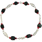 Sterling Silver Genuine 5-6mm Azabache Jet Filigree Plaque 8" Bracelet