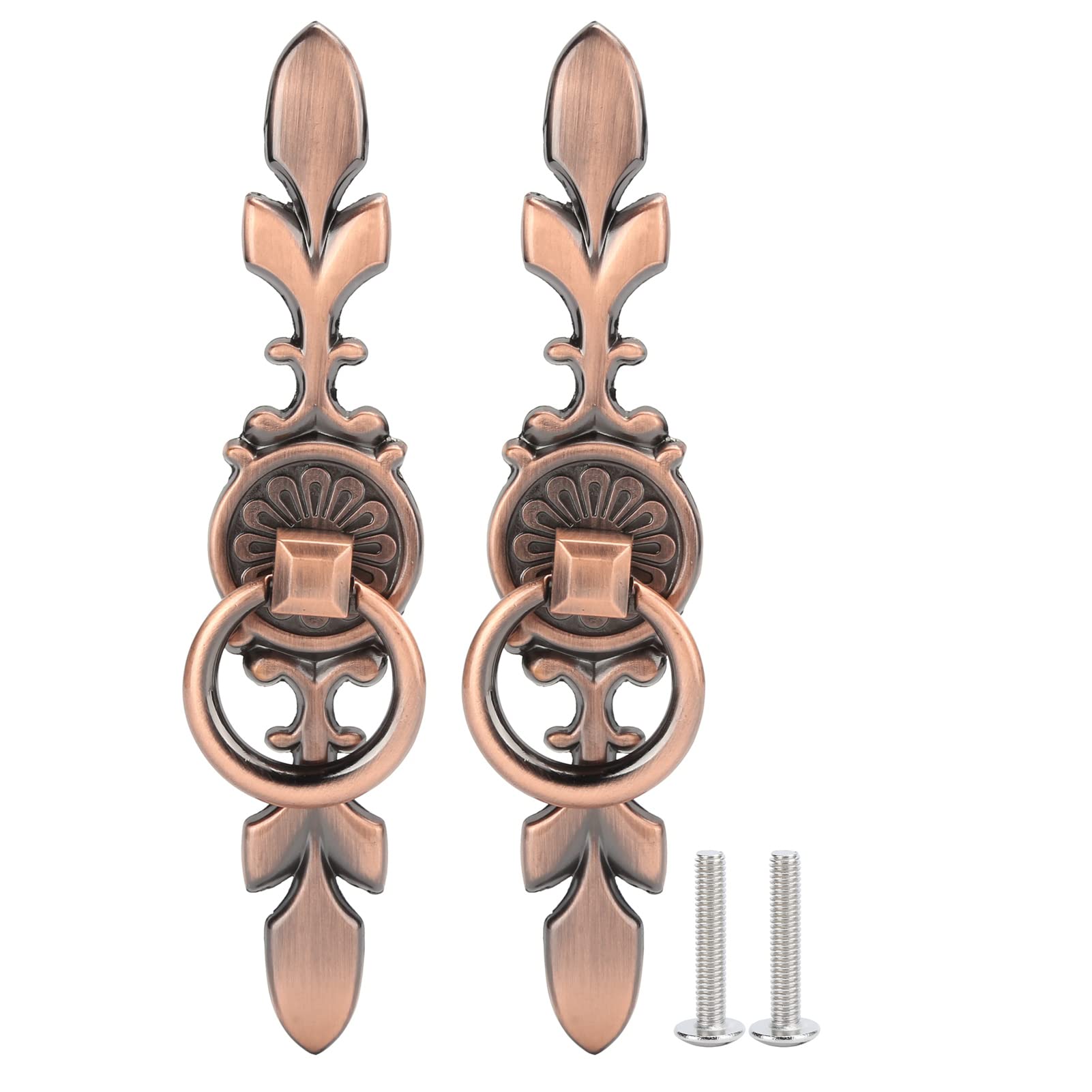 Tomotato 2 Sets Furniture Handle, Zinc Alloy Ring Drawer Pulls for Home Cabinet Cupboard Wardrobe Door Drawer(Red Copper)