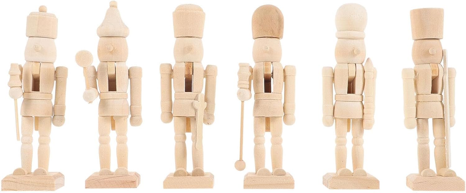 Nutcrackers - 6pcs Christmas Unfinished Wooden Nutcracker Ornaments Unpainted Nutcracker Figures for Craft Blank Puppet Walnut for Christmas Decoration