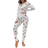 Sorlife Women Sexy Bodycon Onesie Pajama Heart Print Long Sleeve Button V Neck Jumpsuit One Piece Romper Valentines Sleepwear