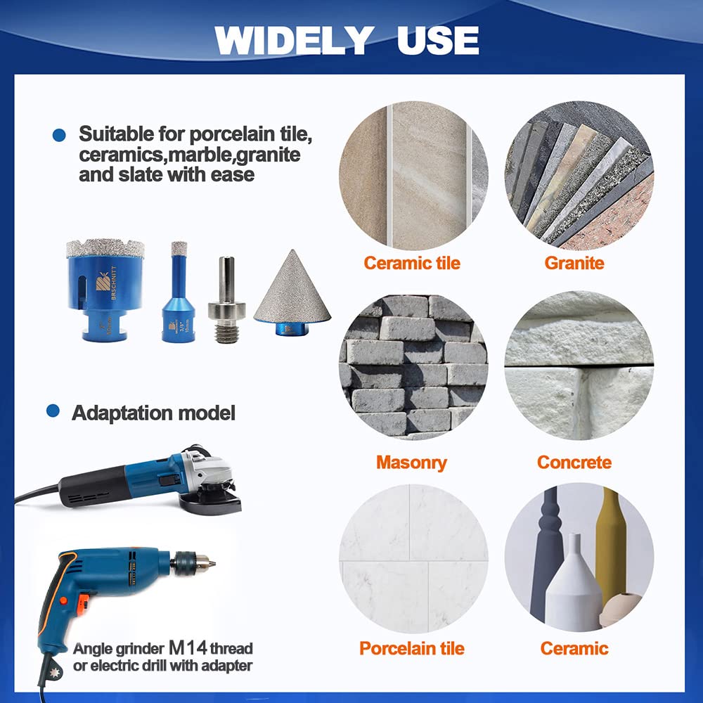 Diamantbohrer Fliesenbohrer Set - BRSCHNITT 6/20/30/35/50/68 Diamant-Bohrkrone Lochsäge mit 50mm Diamant-Fasenbohrer ein Adapter für Porzellan Fliese Granit Marmor Trockenbohren 2