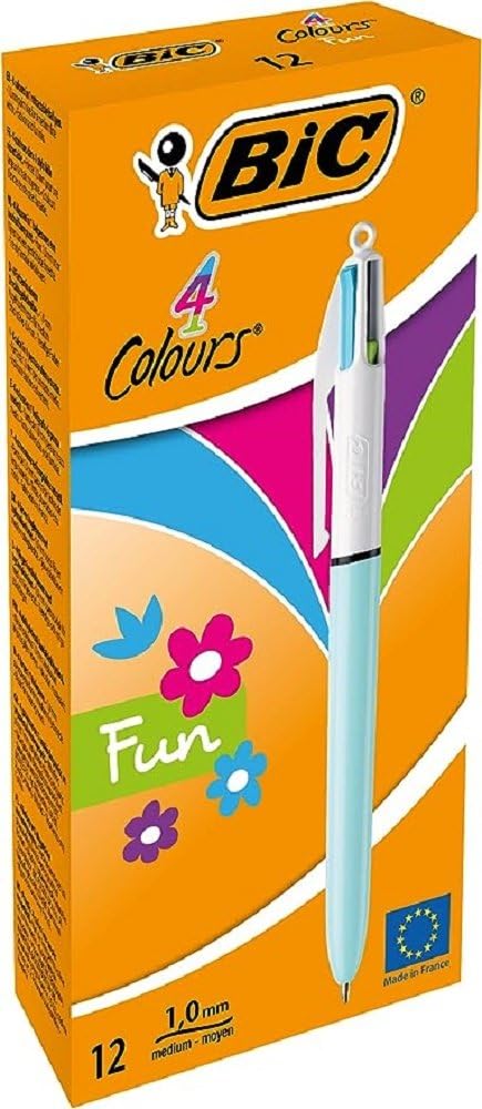 BIC 4 Colours Fun Retractable Ballpoint Pens - Box of 12 with Light Blue Pastel Barrel and Medium Point (1.0 mm)