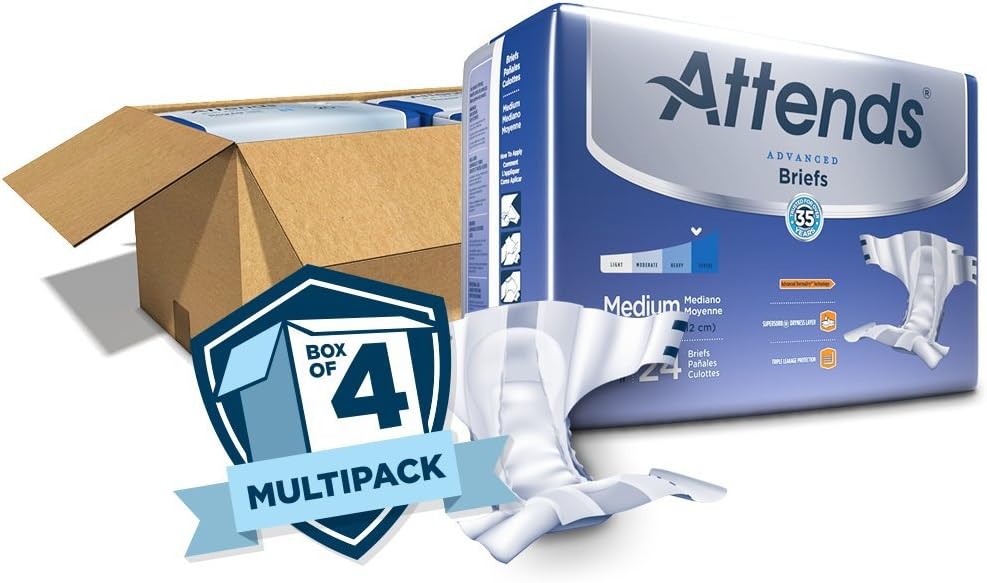 Attends Advanced Briefs with Advanced Dry-Lock Technology for Adult Incontinence Care, Medium, Unisex, 24 Count (Pack of 4): Health & Personal Care