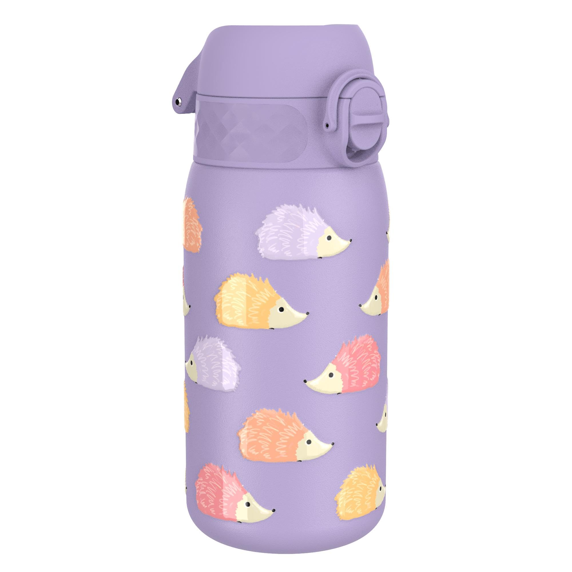 Ion8 Lightweight Steel Kids Water Bottle, 400ml/13oz, Non-Insulated, Leak Proof, Easy to Open, Secure Lock, Dishwasher Safe, Fits Cup Holders, Carry Handle, Metal Water Bottle, Purple, Hedgehogs