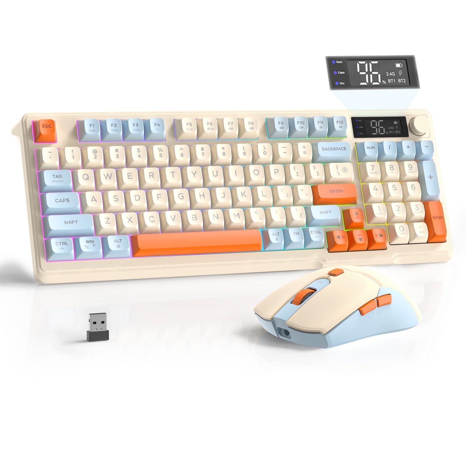 FREEWOLF T96 Smart Display Wireless Gaming Keyboard and Mouse Comb, 94Key LED Lighting Rechargeable Silent Membrane Keyboard with Knobs, 2000mAh Battery, 6-Button 4KDPI Mouse for Win/Mac(Blueberry)