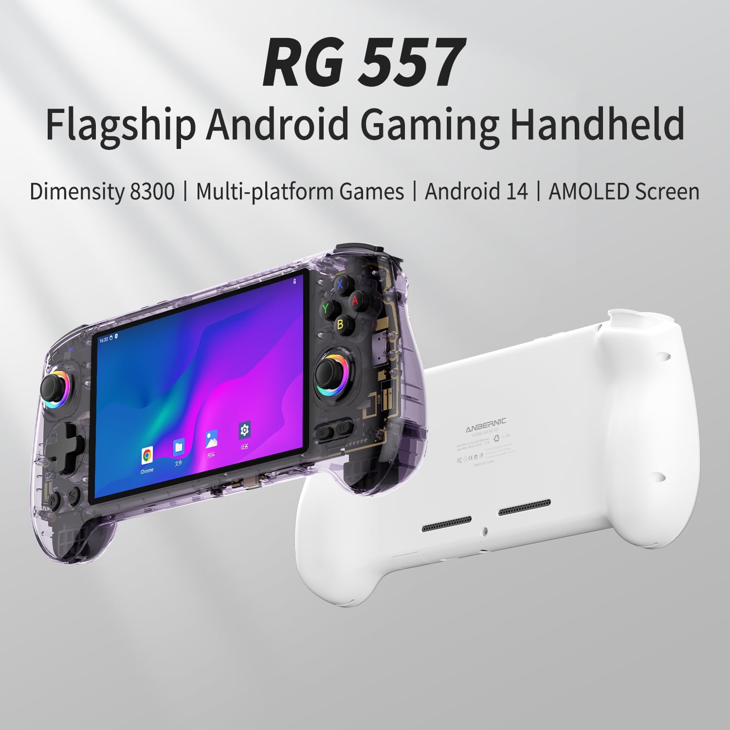 RG557 Retro Handheld Game Console, 5.48 Inch AMOLED Screen Handheld Emulator Android 14 System Dimensity 8300 Processor Support WIFI 6E Bluetooth 5.3(Transparent Purple)