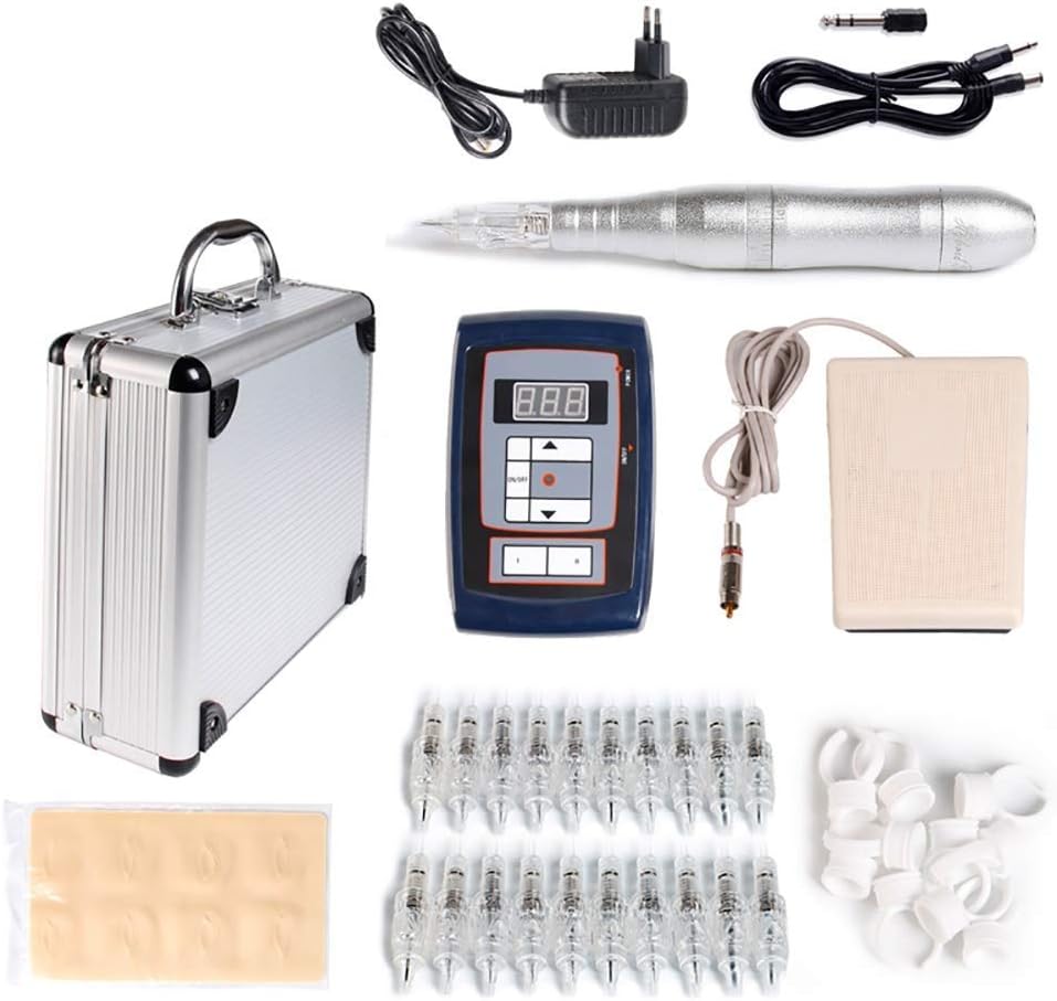 Soul Complete Tattoo Machine Kit, Tattoo Pen + Tattoo Power Supply + Suitcase + Tattoo Needle + Practice Skin + Tattoo Ink Tray,silver