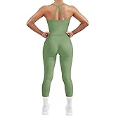 SUUKSESS Women 2 Piece Workout Sets Compression Tummy Control Leggings with Pockets Halter Built in Bra Tank Tops