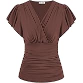 GRACE KARIN 2025 Womens Tops Summer Wrap Blouse V Neck Ruffle Sleeve Dressy Casual Top Ruched Trendy Clothes