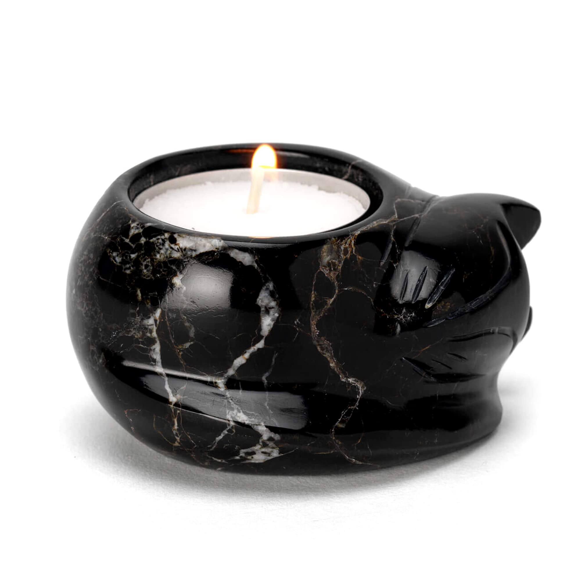 Himalayan Black Marble Curled Cat Tea Light Holder - Tea Light Included!