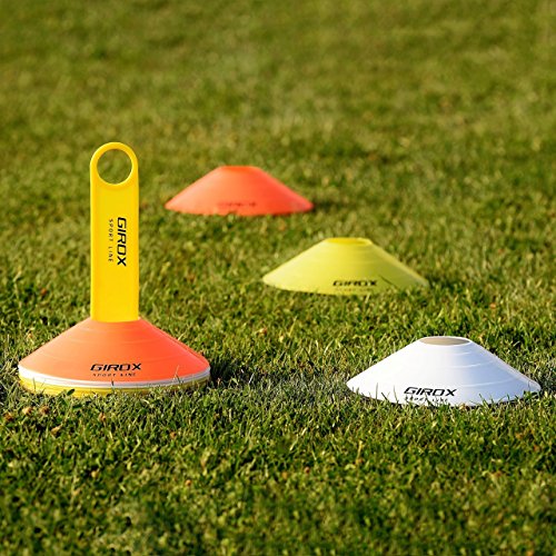 Soccer Training 8 Inch Disc Cones Set by Girox Sport-Includes 21 Agility Cones, Yellow Carrying Stand for Practice Soccer Cones, Carrier Mesh Bag and a Coach Whistle
