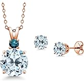 Gem Stone King 18K Rose Gold Plated Silver Round Sky Blue Topaz and Blue Diamond Pendant and Earrings Jewelry Set For Women (6.32 Cttw, Gemstone Birthstone, with 18 Inch Chain)