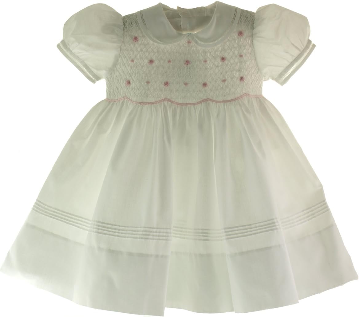 Girls White & Pink Smocked Portrait Dress with Collar