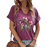 PUCKOLITY Vintage Flowers V Neck Shirt for Women Boho Floral Wildflowers Graphic Tee Casual Cottagecore Summer T Shirt