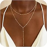 JIKASI Lariat Gold Necklaces for Women Trendy Dainty Long Necklace 14k Gold Plated/Silver Layered Drop Beaded Chain Necklaces Y-shaped Pendant Necklace Simple Gold Jewelry Gifts