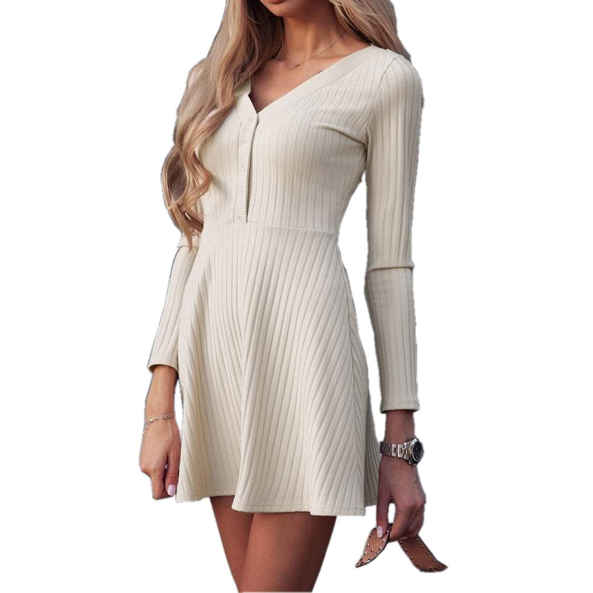 LA-IFT Women Long Sleeve Sex Button Sweaters Dress Business Casual Elasticity Mini Dresses Beige