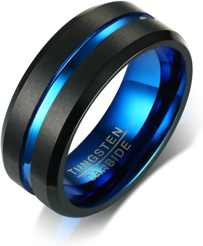 8mm Men's Tungsten Carbide Matte Finished Black Groove Middle Wedding Band Promise Ring,Blue Inside