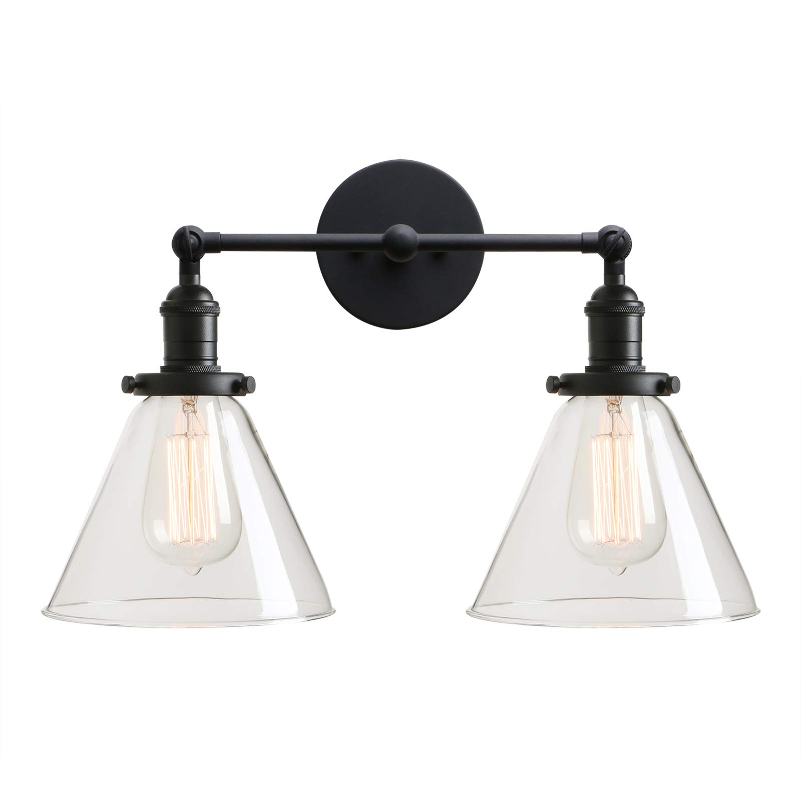 permo double sconce vintage industrial antique 2-lights wall sconces with funnel flared glass clear glass shade (black)
