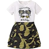 WDIRARA Girl's 2 Piece Outfits Letter Graphic Print Short Sleeve T-Shirt and Camo Print Cargo Skirt Set