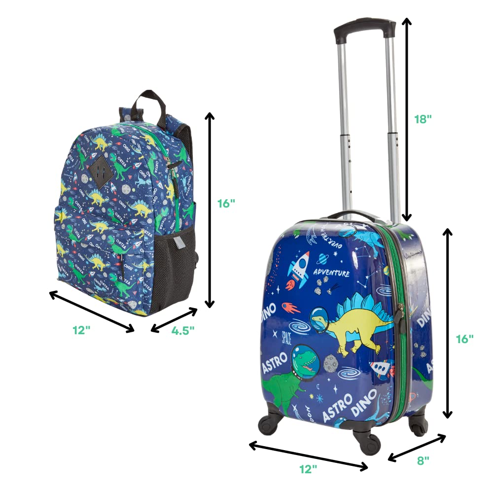RALME 5 Pc. Boys’ Dinosaur Space Rolling Suitcase Set with Backpack, Neck Pillow, Water Bottle, and Luggage