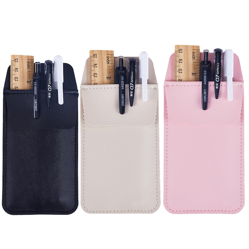 GORGECRAFT 3PCS 3 Colors Pocket Protector Leather Pen Pouch Holder Organizer for Shirts Coats Pants Pen Sleeve Multi-Purpose Pen Pocket Holds Pens Pointers Pencils and Notes Card Pink Black Beige