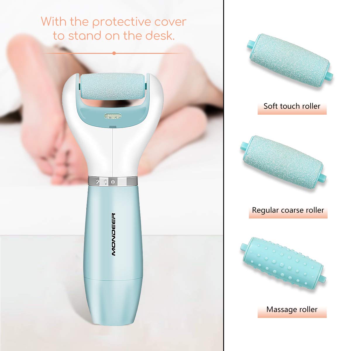 Mondeer Electronic Callus Remover, Blu-ray Disinfection Pedicure Tool, Foot Massage, 3 Rollers Included(Fine Grinding Roller/Rough Grinding Roller/ Massage Roller), Unisex, A Free Foot File Included.