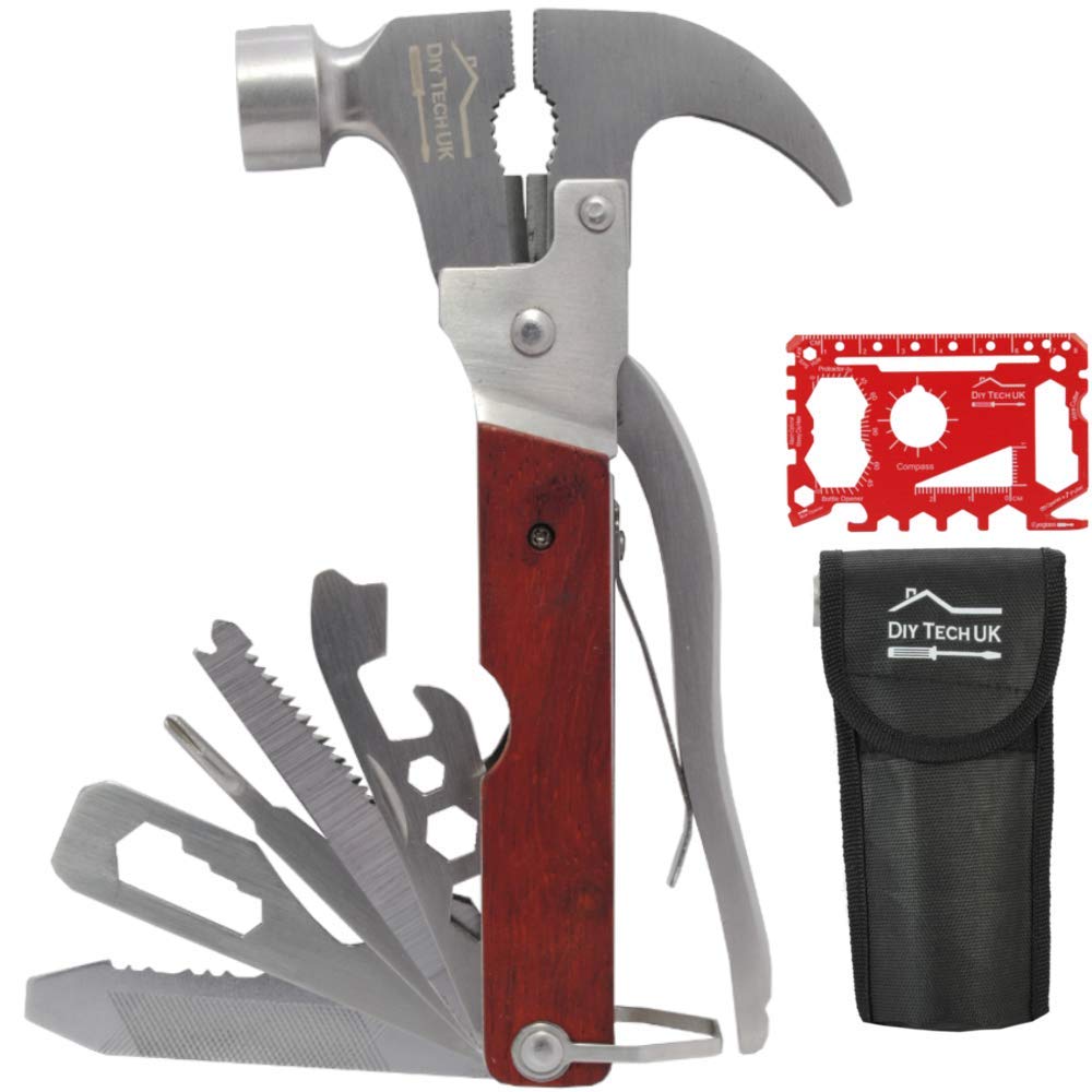 DIY TECH UK - 23 in 1 Multitools for Men - Hammer Multi Tool Camping and Survival - Pliers, Screwdrivers, Bottle Opener, Saws, File, Spanners - Wooden Handle + Free 48 in 1 Credit Card Gadget + Pouch
