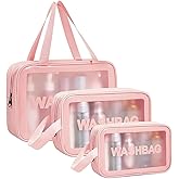 Aucuu 4PCS Clear Toiletry Bags, Wash Bag, Clear PU Makeup Bag, Waterproof Toiletry Travel Bag with Zipper Handle, Portable Airport Cosmetic Bag for Travel Bathroom Men Women (Pink)