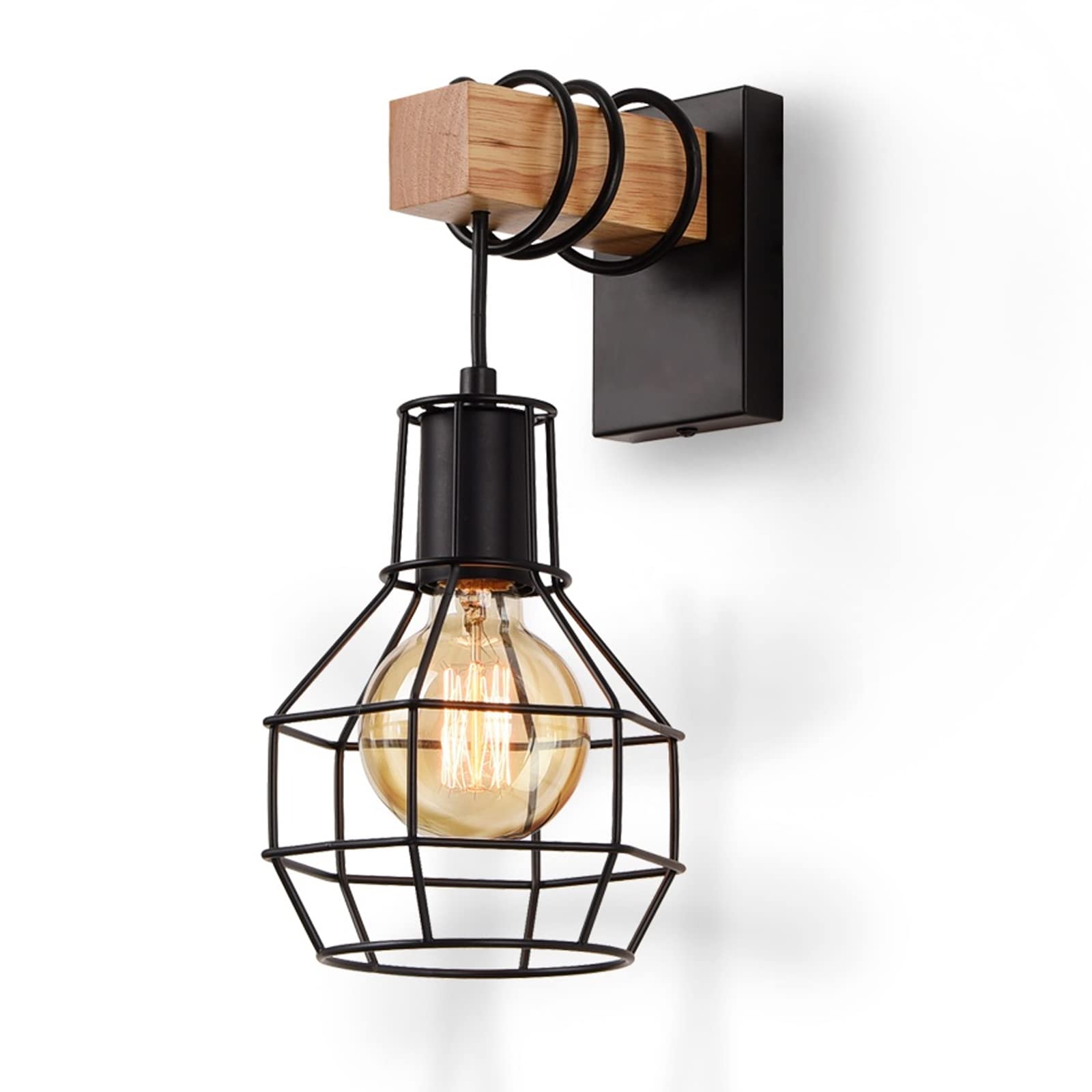 ENCOFT Wall Light Vintage Industrial Indoor E27 Wooden Wall Sconce Gold Wall Lamp for Living Room Bedroom Kitchen Restaurant Loft Coffee Bar(Not Included Bulbs)