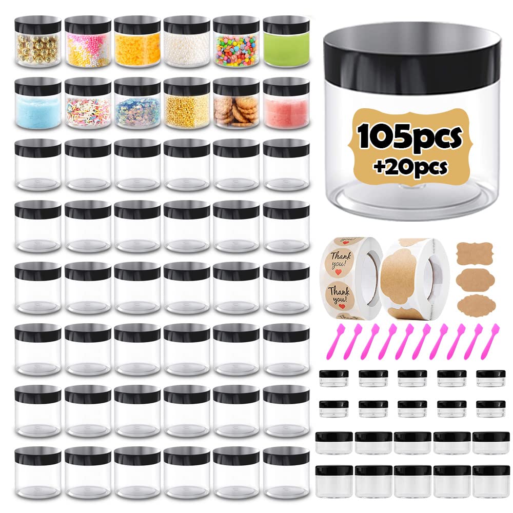 4 oz Plastic Containers with Lids 105pcs Bulk Plastic Jars with Lids + 3/5/10/20 Gram 20pcs Sample Containers Travel Jar– Great for Lip Scrub, Body Butters, Cream, Slime, Craft Storage