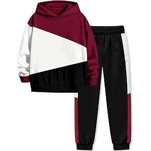 Qetobolly Boys Clothes 2 PCS Fall Winter Outfits Long Sleeve Color Block Hoodie Sweatshirt and Pants Clothes for Boys 6-16Y
