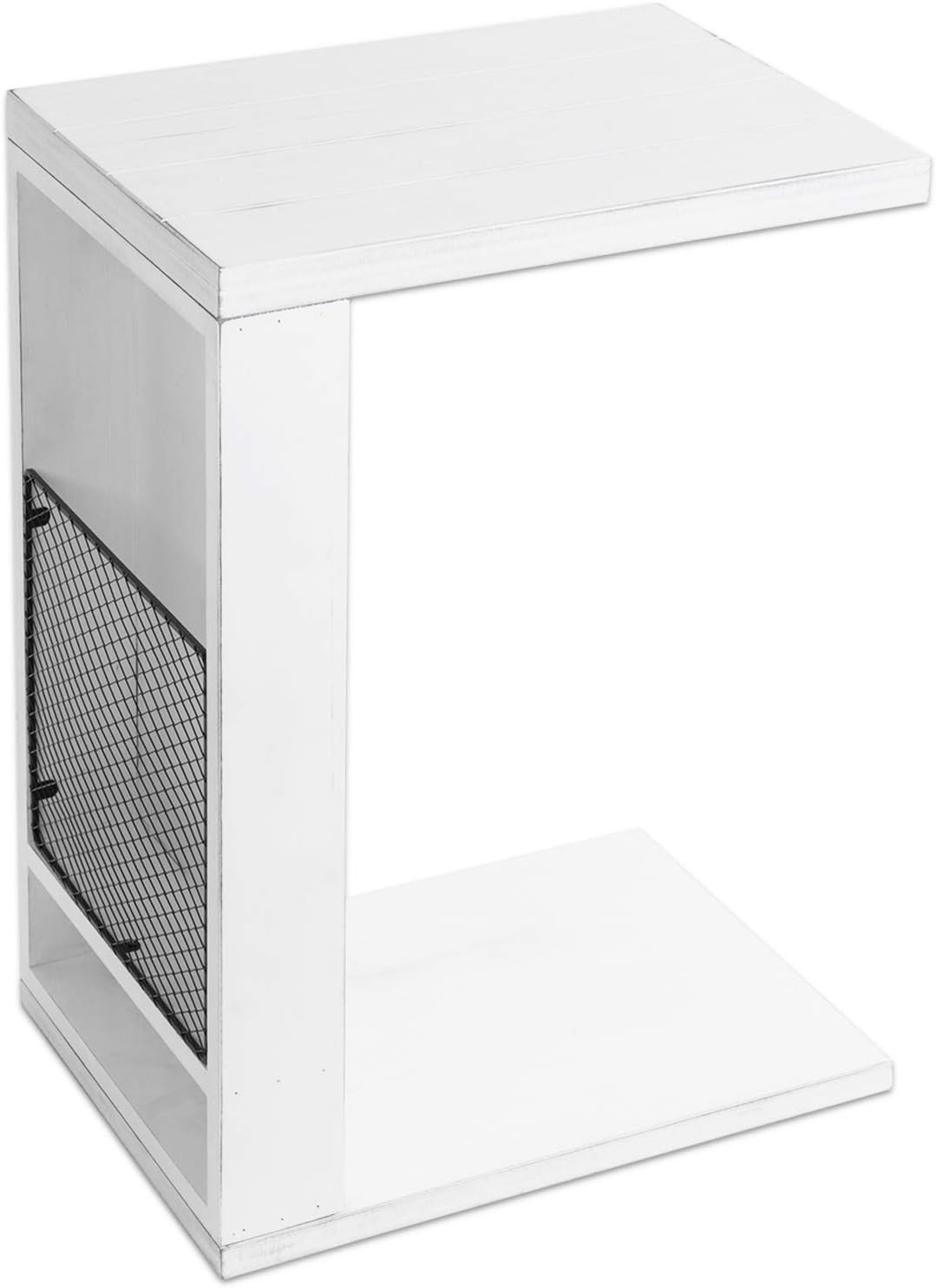 MyGift Vintage White Slatted Boards Style C-Table/Side Sofa Table with Rustic Metal Wire Magazine Holder Slot: Furniture & Decor