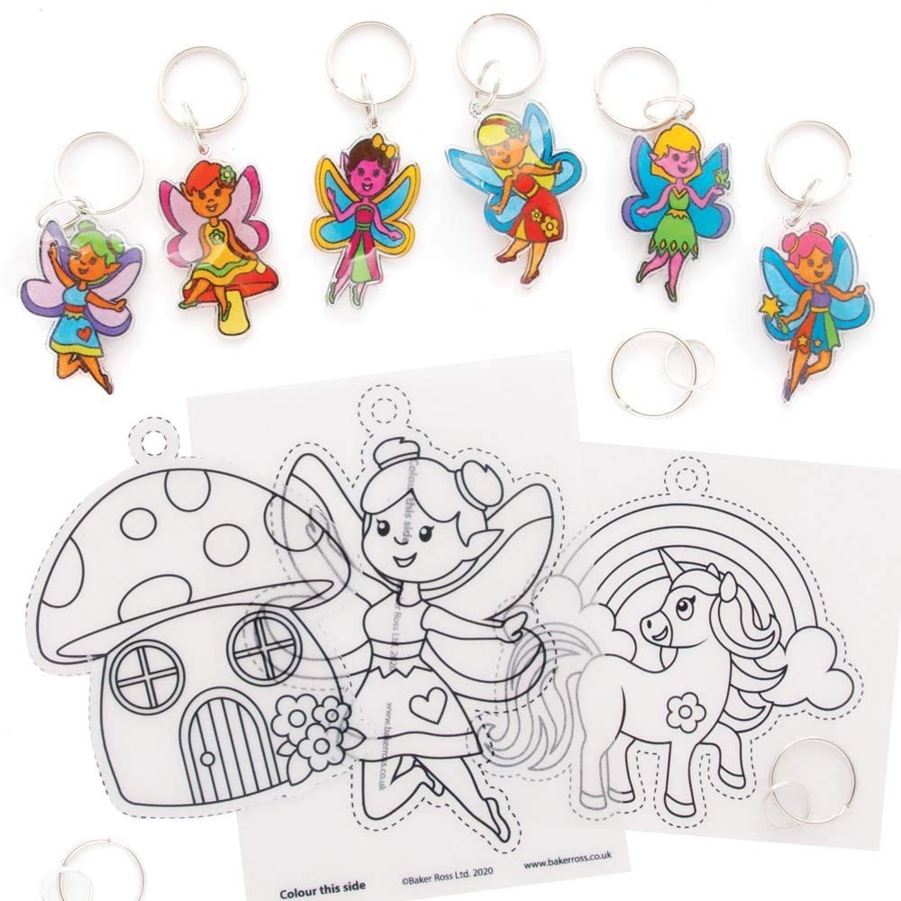 Baker Ross AX925 Fairy Super Shrink Keyrings, Pack of 8, Make Your Own Key Rings for Kids to Colour in Make and Display