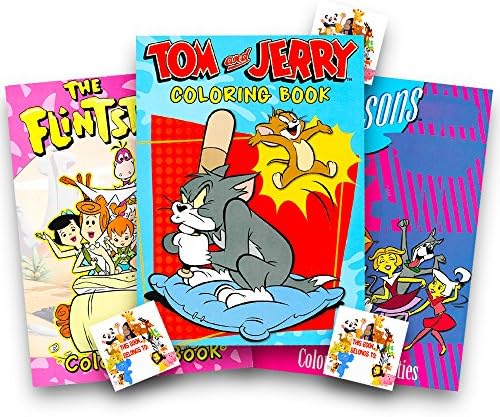 Cartoon Classics Coloring Books Set ~ The Jetsons, The Flintstones,and Tom &amp; Jerry plus Specialty Bookplate Stickers
