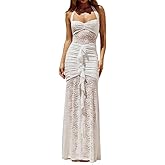 MatyLonm Women Wedding Guest Halter Floral Lace Mermaid Maxi Dress See Through Sleeveless Long Cocktail Sundress