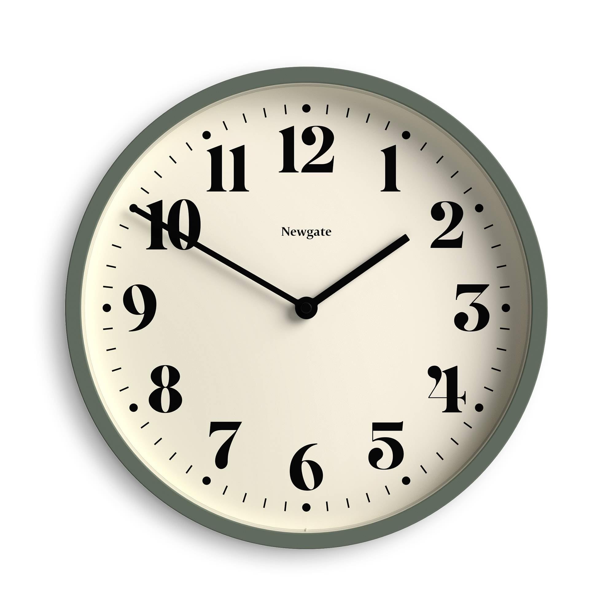 NEWGATE® Number Four Theatre wall clock | Modern round clock | 30cm | Asparagus green | Decorative numbers | Ideal for kitchen, living room or office