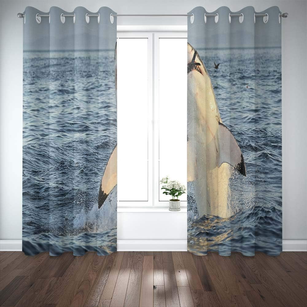 Shorping 52X84 Inch 3D Window Curtains, Privacy Window Curtain Great White Shark in Attack on Seal South Africa Carcharias Breaching an Window Blackout Curtains for Bedroom,2 Pc