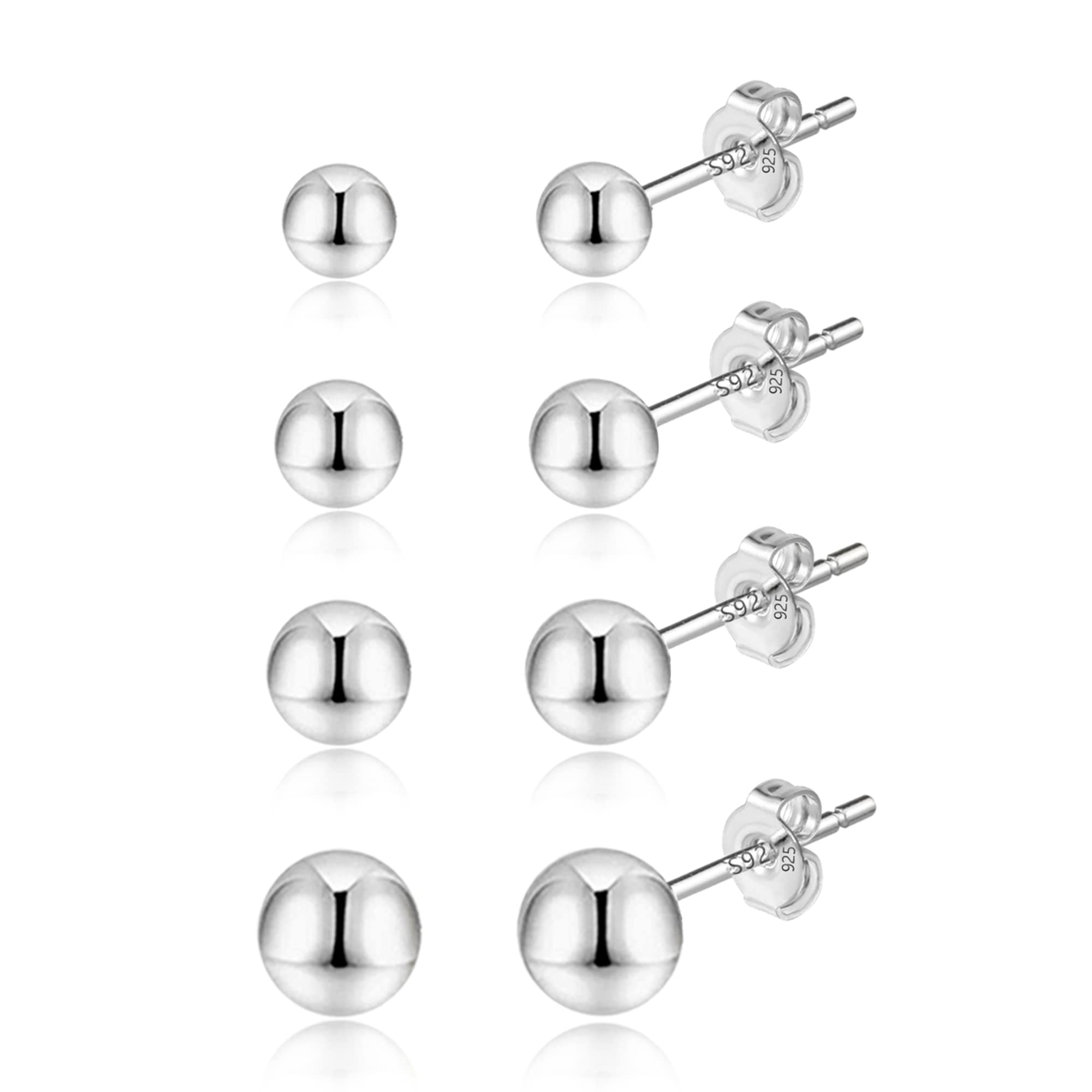 ALEXCRAFT 4 Pairs 925 Sterling Silver Stud Earrings for Women 3mm 4mm 5mm 6mm Pea Tiny Ball Stud Earrings Round for Multiple Piercings Hypoallergenic Jewelry