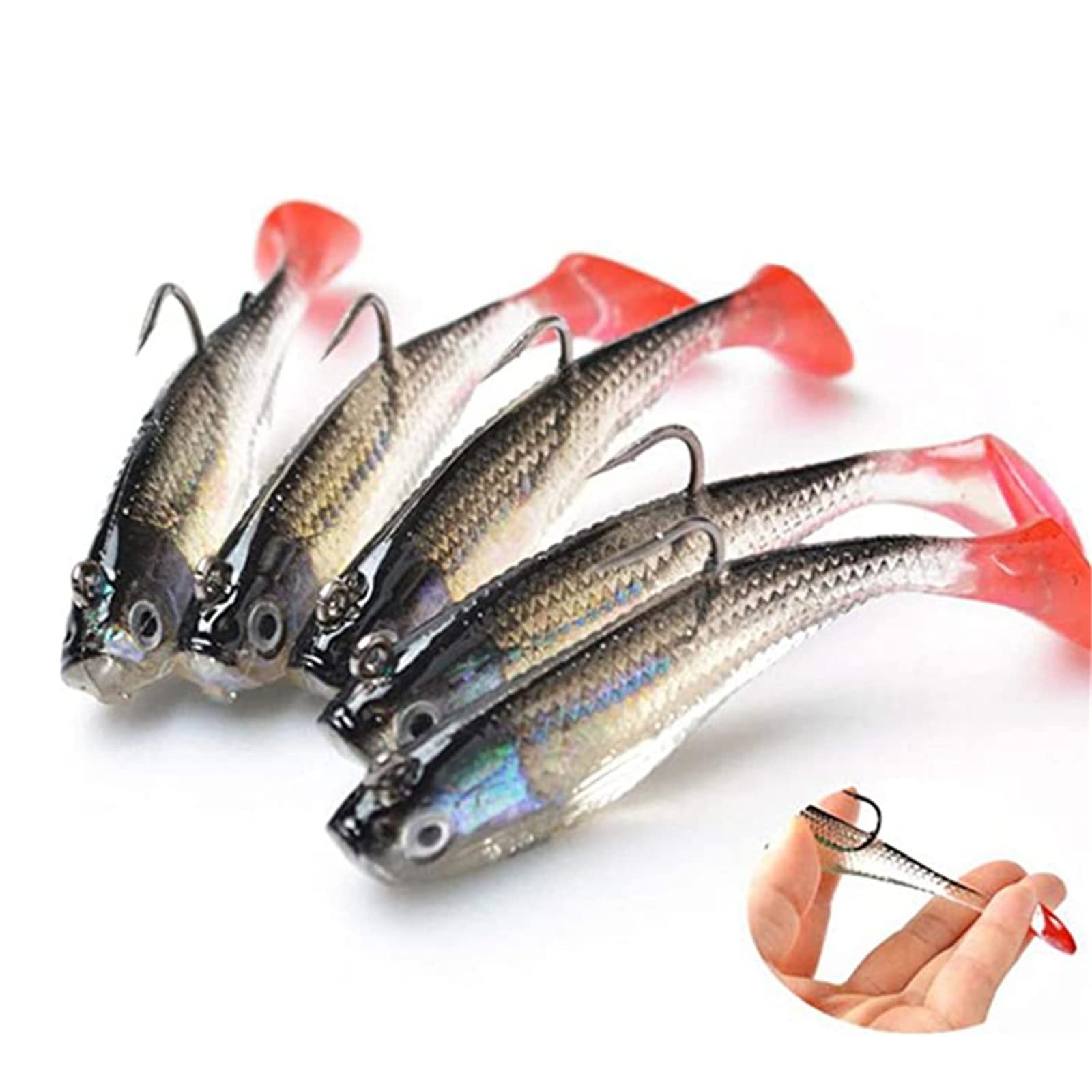YODOOLTLY Fishing Lure Set, 5pcs Soft Baits with 3D Eyes, PVC Material, J Hook, #14 Size, Ideal for Squid, Musk
