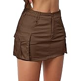 American Trends Women Mini Cargo Skirts Y2k Summer Short Denim Skirt with Pockets Low Waist Button Jean Skirts Brown L