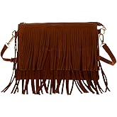 Baluue Vintage Tassel Crossbody Bag for Women Retro Saddle Purse with Faux Suede Fringe Adjustable Shoulder Strap 9.84X6.69X0.39 Inch Brown Lightweight Boho Handbag for Casual Festival Travel