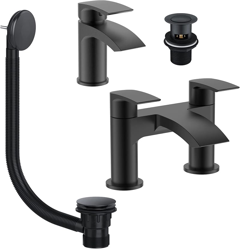 home store Luxury Black Waterfall Bath Filler Tap & Basin Mixer Set