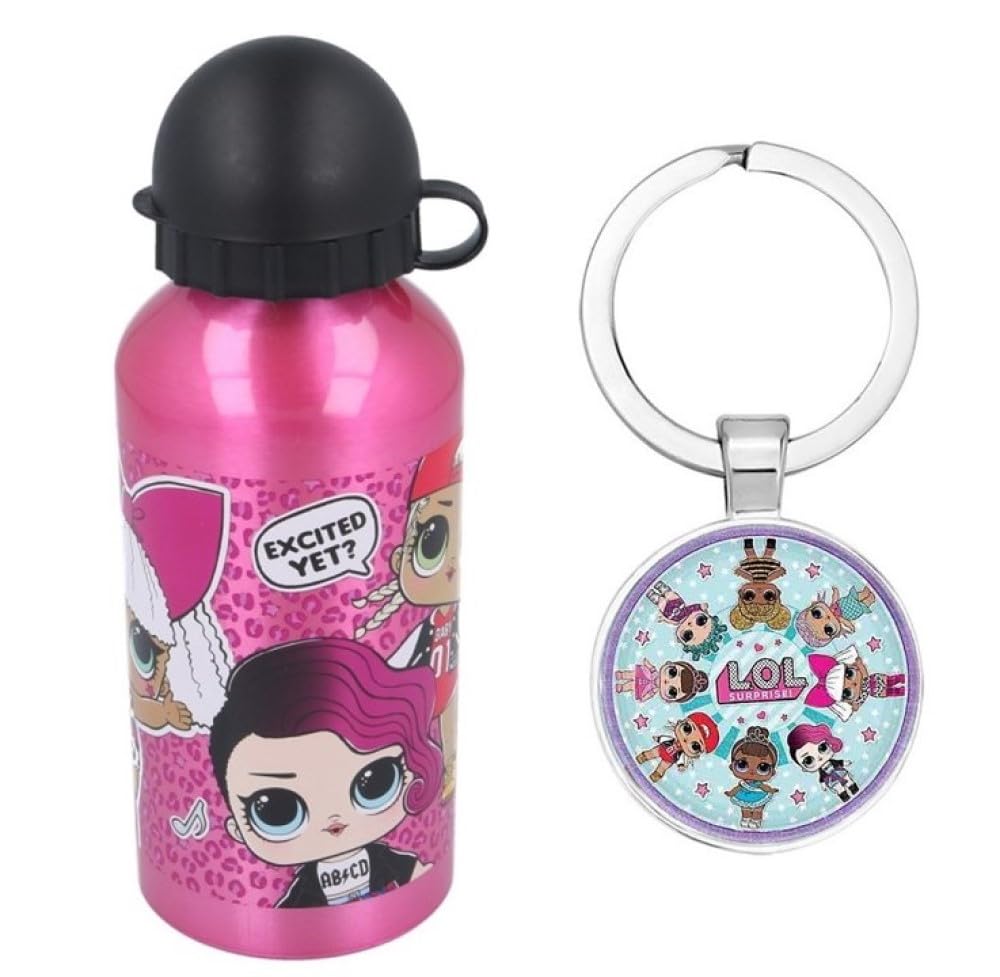 OM SUPPLIES LOL Characters Aluminium Sports Bottle 400ml - Holiday, Back to School Water Drinking Kids Lunch Children Includes LOL Keychain