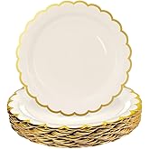 HEIPINIUYE 50 Pieces Ivory Paper Plates with Gold Foil 7 Inch Disposable Ivory Scalloped Dinner Plates for Wedding Baby Shower Birthday Party Dessert Plate
